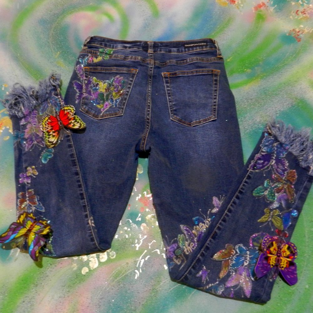 OOAK Metamorphosis butterfly statement jeans hand painted artisan denim SMALL